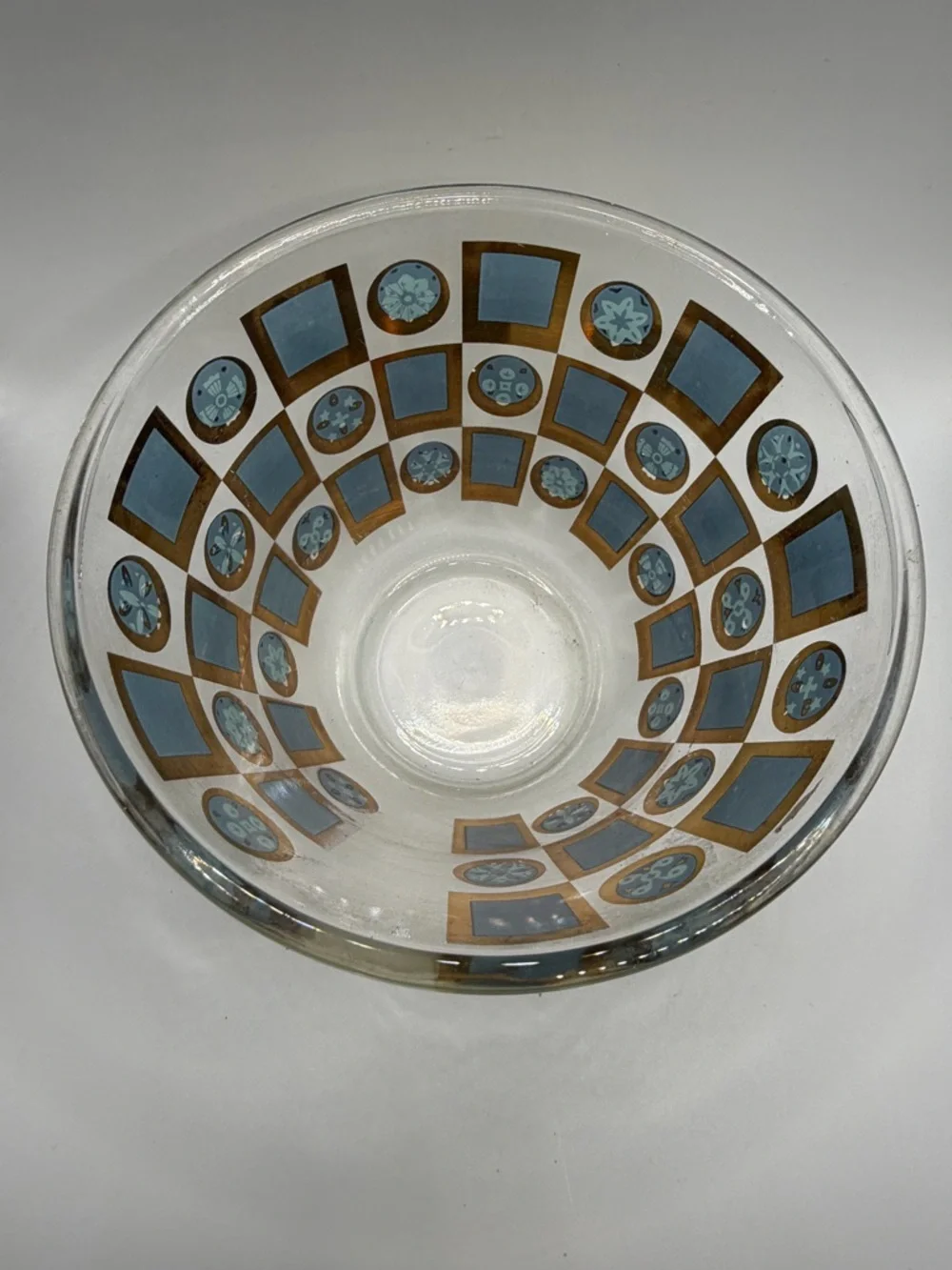 Vintage Mid Century Modern Gold Teal Checkered Glass Ice Bucket Serving Bowl